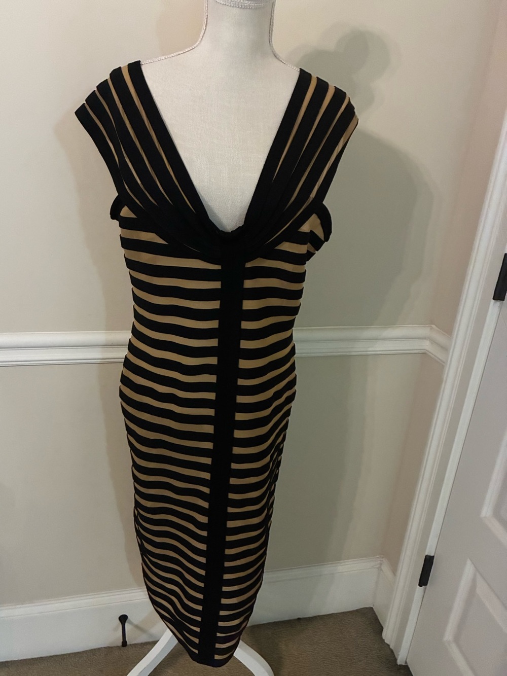 Striped Black and Tan V-Neck Bodycon Dress